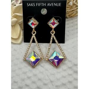 Saks Fifth Avenue Geometric AB Crystal Drop Earrings – Goldtone – New on Card